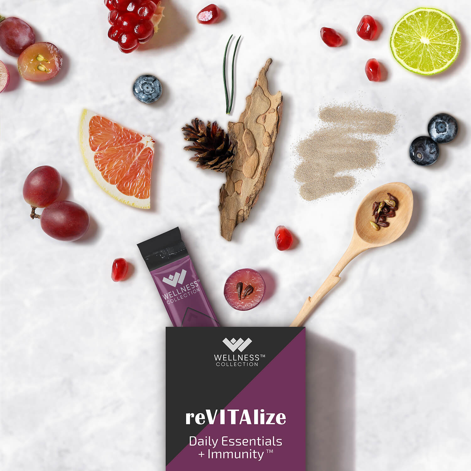 Image showcasing ingredients of the reVITAlize daily essentials plus immunity