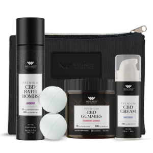 The Wellness Collections Me-Time Mommy Bundle with Premium CBD Bath Bombs, CBD Gummies (Strawberry Lemonade), Premium CBD Cream and Carrying Pouch