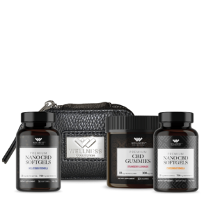 The Wellness Collections On The Go Bundle with Premium Nano CBD Softgels (Curcumin Flavour and Melatonin Flavour), Premium CBD Gummies (Strawberry Lemonade Flavour) and Carrying Pouch