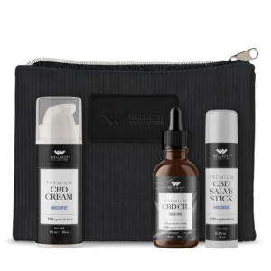The Wellness Collections Self-Care Starter Bundle with CBD Cream, CBD Oil Fresh Mint Flavour, CBD Slave Stick and Handy Pouch
