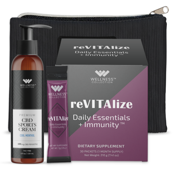 The Wellness Collections Active Lifestyle Bundle with Premium CBD Cream, reVITAlize Daily Essentials plus Immunity and Carrying Pouch