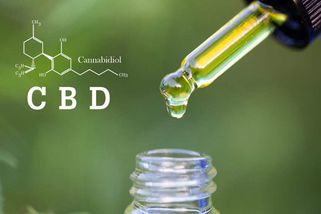 Hemp oil, CBD chemical formula, Cannabis oil in pipette, Medical herb concept